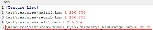 Screenshot of LNZ showing that the last texture says \Resource\Textures\Chimes_Eyes\ChimesEye_NewOrange.bmp 0 32 32