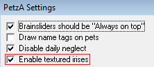 Screenshot of LNZ settings with Enable Textured Irises checked off